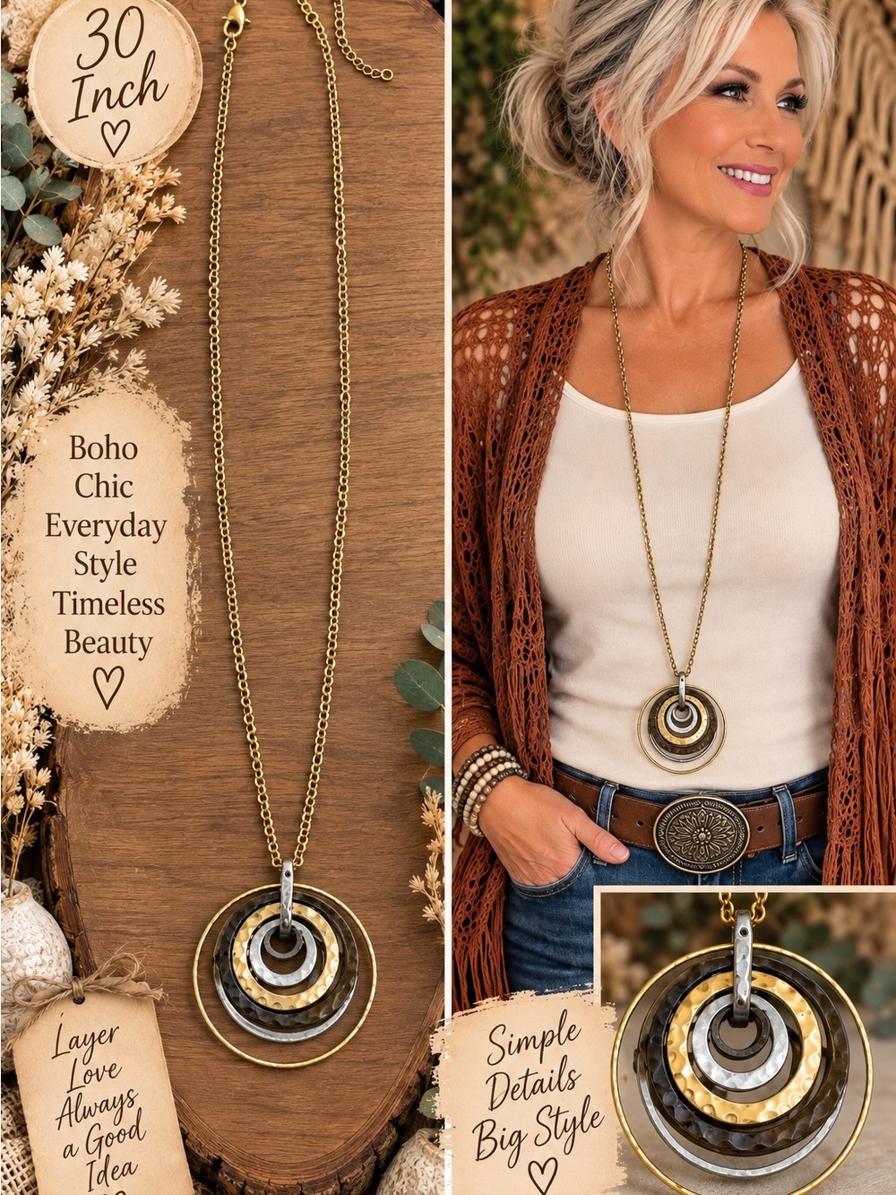 Layered Concentric Disc Pendant Necklace — Gold and Silver